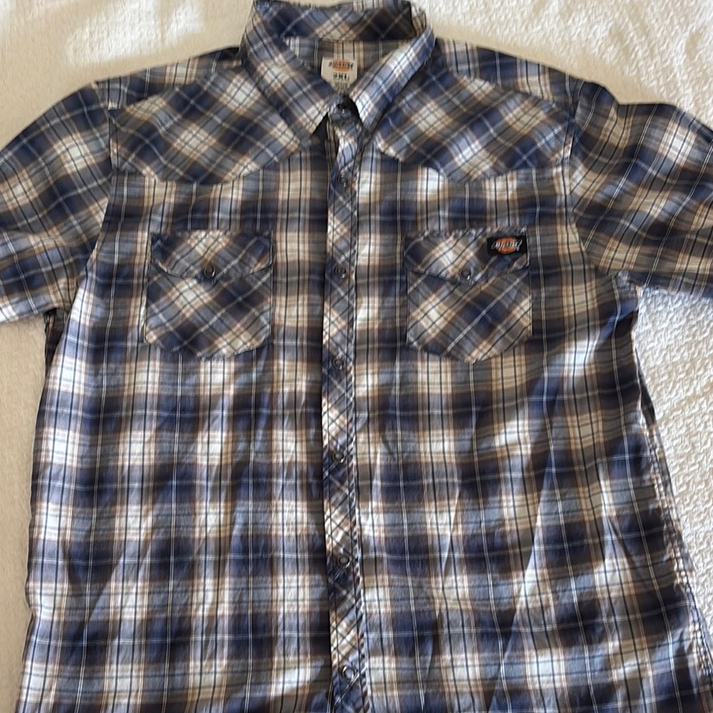 DICKIES XXL Plaid Western Short Sleeve Blue Pearl Snap Button Shirt